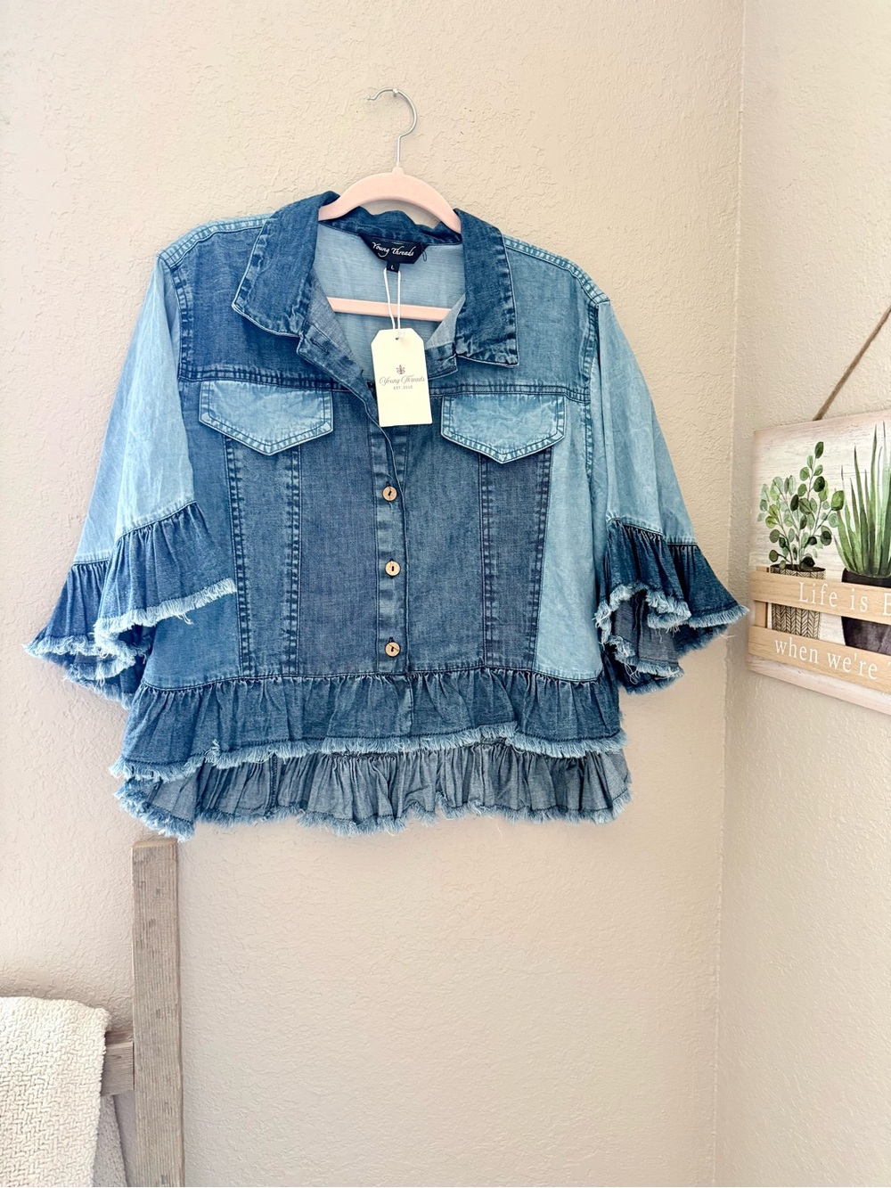 Patchwork Ruffle Denim Button-Front Shirt - Blue - Picture 7 of 7